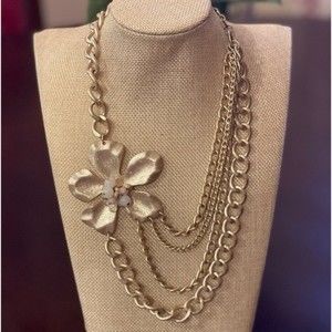 Gold Tone Flower Chain Statement Necklace # 207